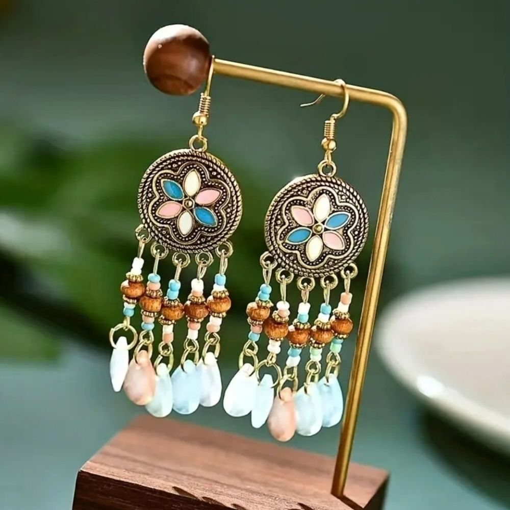 Pastel beaded Bohemian bronze dream catcher earrings